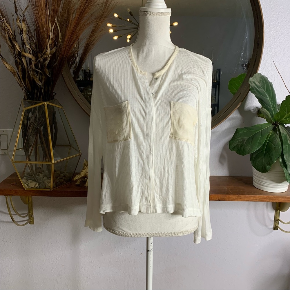 T by Alexander Wang White Drop Shoulder Ribbed Button Pocket Front Top Sz L